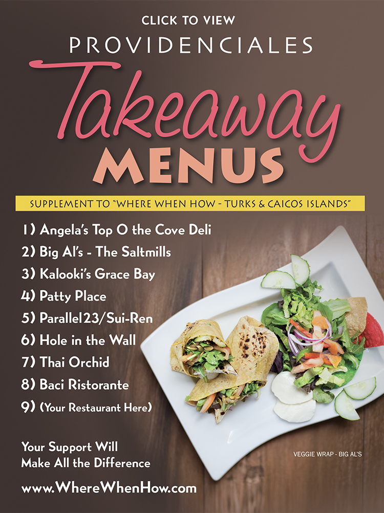 An imge of the cover of the Takeaway Menus booklet for restaurant on Providenciales (Provo), Turks and Caicos Islands