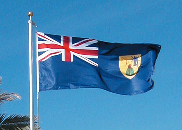 A photograph of the Turks and Caicos Islands flag, which features a lobster, conch and Turks Head cactus.