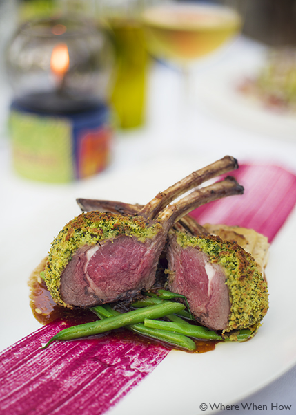 A photograph of the Roast Lamb Rack with a Herb Crust at Coco Bistro, Grace Bay Road, Providenciales (Provo), Turks and Caicos Islands.