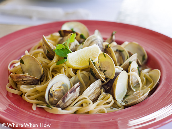 A photograph of Steamed Clams with Linguine and your choice of sauces, Grace Bay Plaza, Providenciales (Provo), Turks and Caicos Islands.