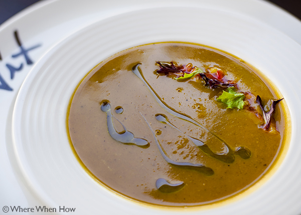 A photograph of Spiced Pumpkin Soup at The Vix Bar & Grill, Regent Village, Grace Bay, Providenciales (Provo), Turks and Caicos Islands.