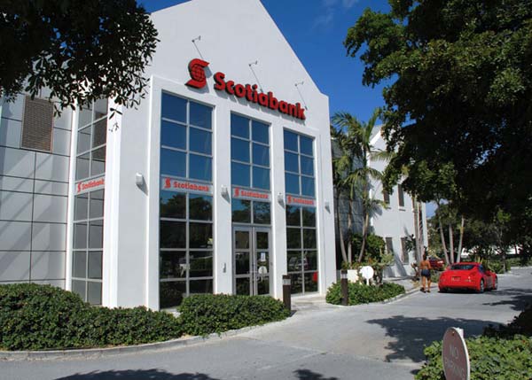 A photograph of the Scotiabank on Leeward Highway, Providenciales (Provo), Turks and Caicos Islands, British West Indies