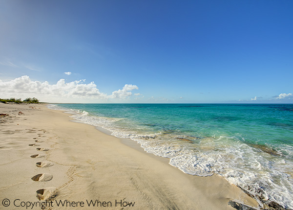 A photograph of pristine and desolate North Beach, Salt Cay, Turks and Caicos Islands, British West Indies